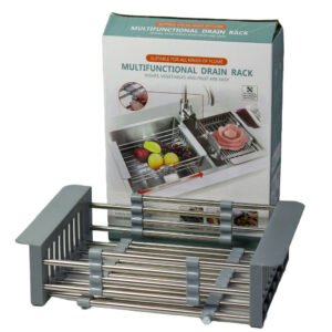 Escurridor de alimentos extensible multifuncional para platos, frutas y vegetales, con diseño ajustable.